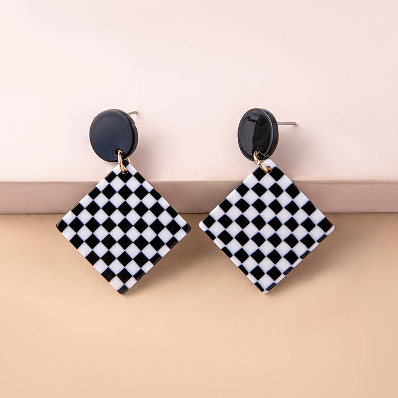 Chequered Print Square Acrylic Pendant Drop Earrings For Women