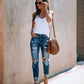 Retro High-waisted Stretch Jeans With Ripped Feet And Slimming
